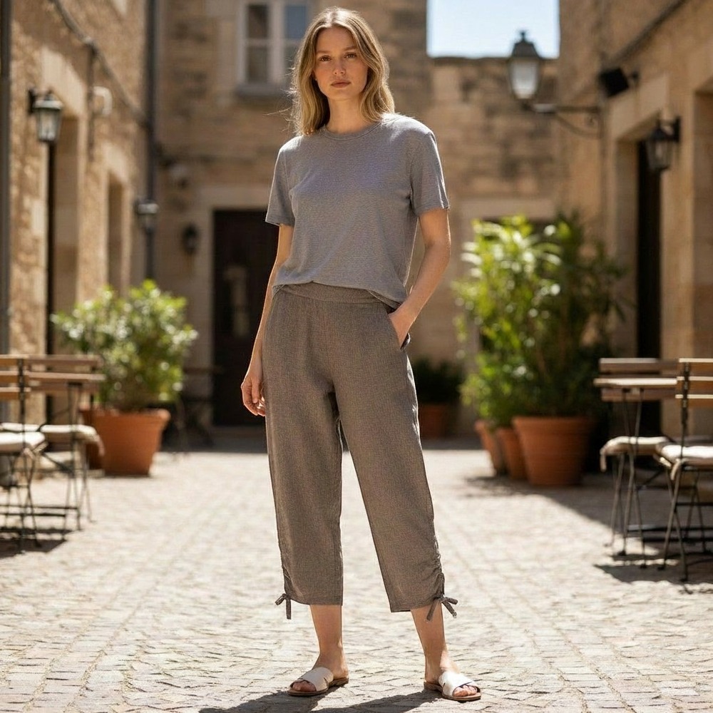 Habitat‎ Linen Blend Crop Pants Womens XS Gray Ruched Tie Hem  Casual Summer